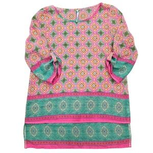 Pink Teal Medallion Print Roll Tab Sleeve Tunic Top Womens Size Medium Boho